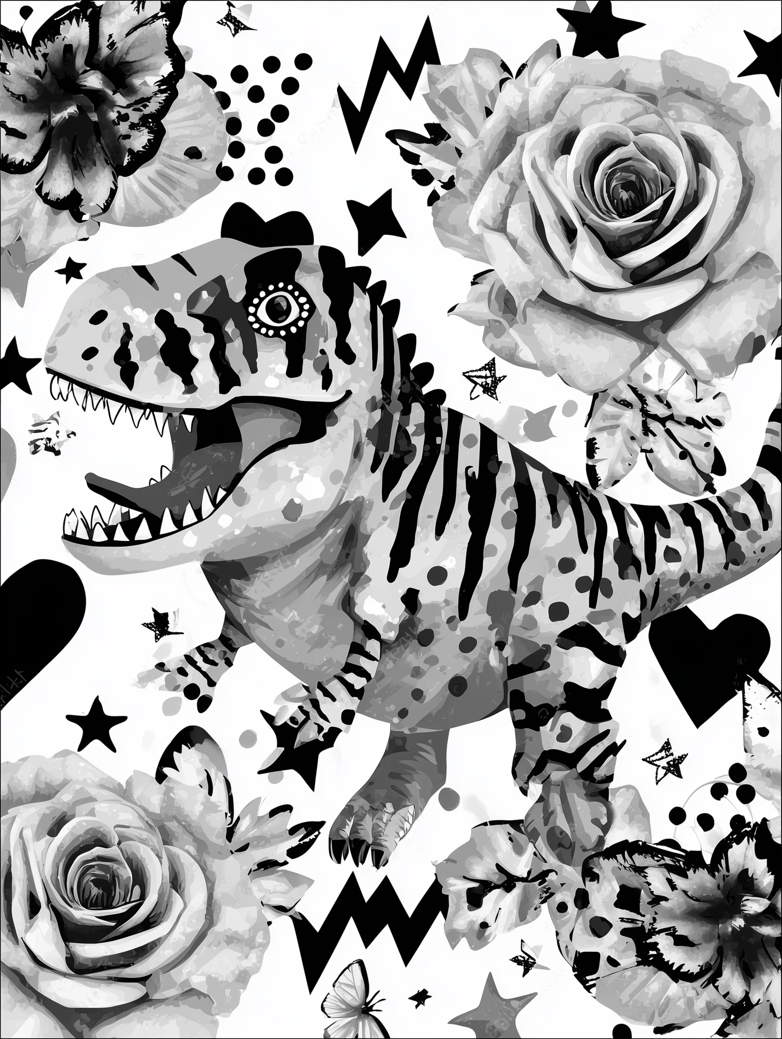 Free printable dinosaur coloring page for adults featuring a chomping dinosaur with flowers